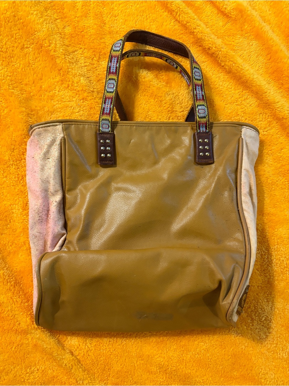 Consuela tan Leather Shoulder Tote with Patterned Straps
